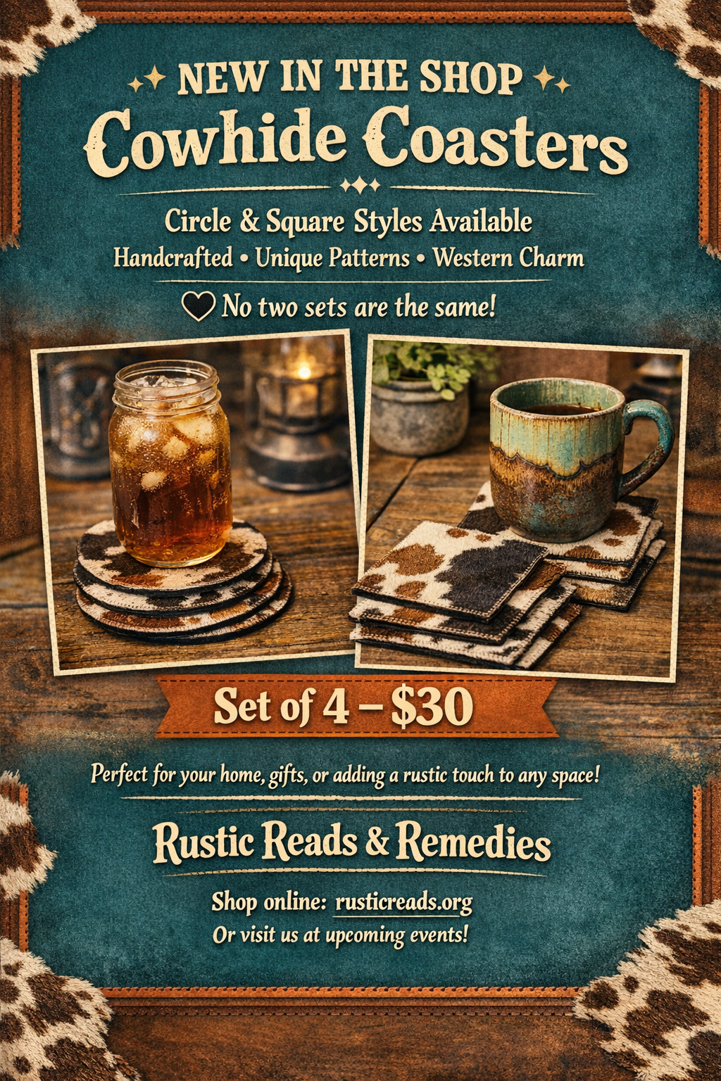 Cowhide, hair on coaster sets of 4